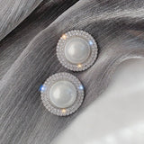 Exquisite Big Round Pearl Over Sized Silver Stud Earrings Crystal Statement Stud Earrings