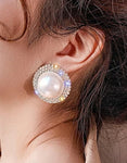Exquisite Big Round Pearl Over Sized Silver Stud Earrings Crystal Statement Stud Earrings