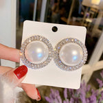 Exquisite Big Round Pearl Over Sized Silver Stud Earrings Crystal Statement Stud Earrings