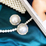 Exquisite Big Round Pearl Over Sized Silver Stud Earrings Crystal Statement Stud Earrings