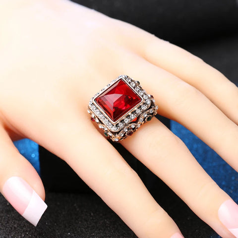 Antique Gold Plated Luxurious Big Red Crystal Geometric Fashion Jewelry Ring Size 7