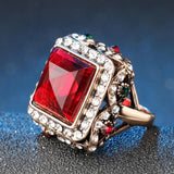 Antique Gold Plated Luxurious Big Red Crystal Geometric Fashion Jewelry Ring Size 7