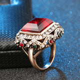 Antique Gold Plated Luxurious Big Red Crystal Geometric Fashion Jewelry Ring Size 7