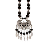 Trendy Silver Black Stone Beads Long Mala Tassel Statement Fashion Jewelry Necklace