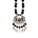 Trendy Silver Black Stone Beads Long Mala Tassel Statement Fashion Jewelry Necklace