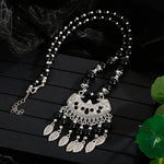 Trendy Silver Black Stone Beads Long Mala Tassel Statement Fashion Jewelry Necklace