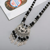Trendy Silver Black Stone Beads Long Mala Tassel Statement Fashion Jewelry Necklace