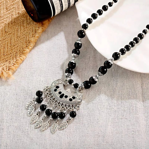 Trendy Silver Black Stone Beads Long Mala Tassel Statement Fashion Jewelry Necklace