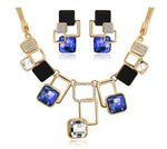 Glamorous Golden Blue Geometric Necklace Earrings Classy Elegant Fashion Jewelry Set - EonShoppee