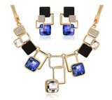 Glamorous Golden Blue Geometric Necklace Earrings Classy Elegant Fashion Jewelry Set - EonShoppee