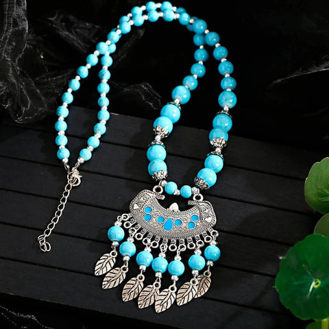 Blue Natural Stone Beads Long Tassel Mala Statement Necklace Fashion Jewelry