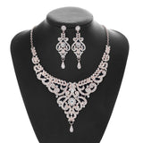 Elegant Rose Gold CZ Crystal Necklace & Earrings Luxurious Bridal Wedding Jewelry Set