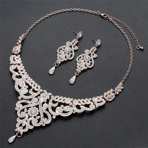 Elegant Rose Gold CZ Crystal Necklace & Earrings Luxurious Bridal Wedding Jewelry Set