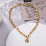 Multi Layer Carved Coin Pendant Gold Chain Punk Choker Necklace Fashion Jewelry For Women