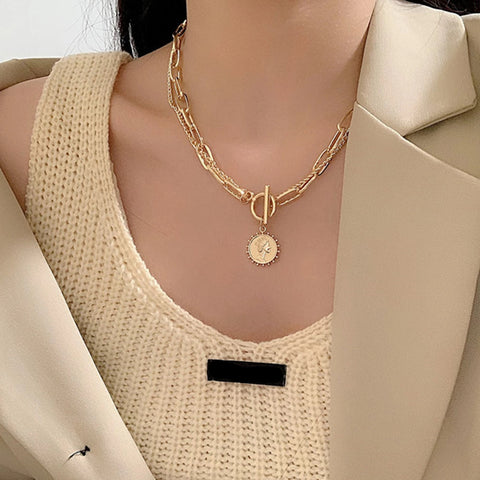 Multi Layer Carved Coin Pendant Gold Chain Punk Choker Necklace Fashion Jewelry For Women