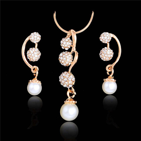 Pretty Gold Plated Rhinestone Crystal Balls & Pearl pendant Earrings & Necklace Fashion Jewelry Set