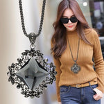 Stylish Long Sweater Chain Gray Glass Crystal Big Pendant Statement Necklace Fashion Jewelry For Women
