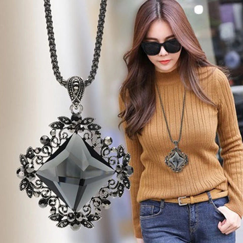 Stylish Long Sweater Chain Gray Glass Crystal Big Pendant Statement Necklace Fashion Jewelry For Women