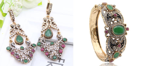 Ethnic Emerald Openable Traditional Cuff Bangle Bracelet With Long Drop Earrings Fashion Jewelry Set