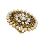 Women Fashion Golden Flower Pearl Crystal Traditional Indian Jewelry Adjustable Big Finger Ring