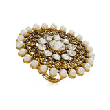 Women Fashion Golden Flower Pearl Crystal Traditional Indian Jewelry Adjustable Big Finger Ring