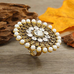 Women Fashion Golden Flower Pearl Crystal Traditional Indian Jewelry Adjustable Big Finger Ring