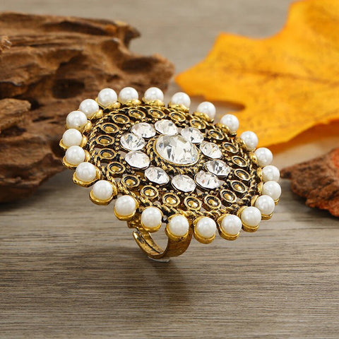 Women Fashion Golden Flower Pearl Crystal Traditional Indian Jewelry Adjustable Big Finger Ring