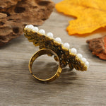 Women Fashion Golden Flower Pearl Crystal Traditional Indian Jewelry Adjustable Big Finger Ring