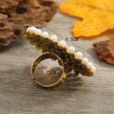 Women Fashion Golden Flower Pearl Crystal Traditional Indian Jewelry Adjustable Big Finger Ring
