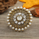 Women Fashion Golden Flower Pearl Crystal Traditional Indian Jewelry Adjustable Big Finger Ring
