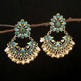 Gorgeous Multi Color Ethnic Green Flower Indian Wedding Big Jhumka Earrings with Pearl Beads Oxidized Jewelry