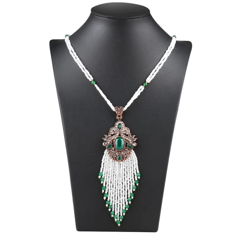 Emerald Green Beads Long Tassel Necklace Stylish Traditional Bollywood Fashion Jewelry