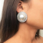 Exquisite Big Round Pearl Over Sized Silver Stud Earrings Crystal Statement Stud Earrings