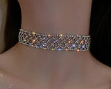 Sparkling Silver Hollow Mesh Style Geometric Crystal Short Chain Choker Necklace Statement Fashion Jewelry