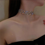 Sparkling Silver Hollow Mesh Style Geometric Crystal Short Chain Choker Necklace Statement Fashion Jewelry