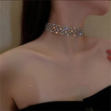 Sparkling Silver Hollow Mesh Style Geometric Crystal Short Chain Choker Necklace Statement Fashion Jewelry