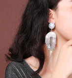 Trendy Fashion Glamorous Silver Long Tassel Crystal Statement Drop Earrings for Women