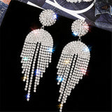 Trendy Fashion Glamorous Silver Long Tassel Crystal Statement Drop Earrings for Women