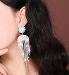 Trendy Fashion Glamorous Silver Long Tassel Crystal Statement Drop Earrings for Women