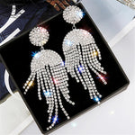 Trendy Fashion Glamorous Silver Long Tassel Crystal Statement Drop Earrings for Women