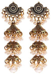 Ethnic Jewelry Pearl Bead Golden Carved Bells Tassel Long Jhumki Traditional Earrings