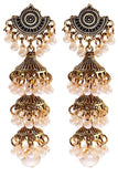 Ethnic Jewelry Pearl Bead Golden Carved Bells Tassel Long Jhumki Traditional Earrings