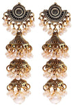 Elegant Ethnic Style Jewelry Pearl Beaded Golden Carved Bells Tassel Long Jhumki Earrings