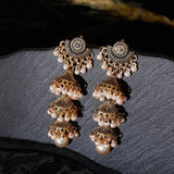 Elegant Ethnic Style Jewelry Pearl Beaded Golden Carved Bells Tassel Long Jhumki Earrings