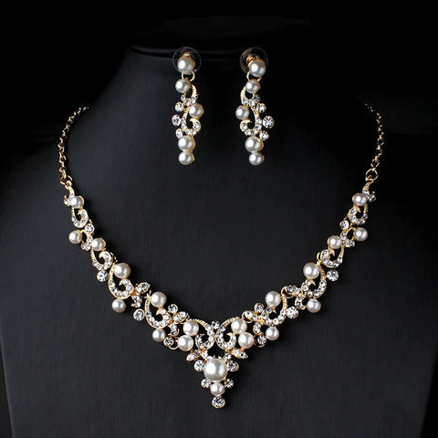 Dazzling Gold Plated Pearl And Shiny Crystal Party Necklace Bridal Wedding Jewelry Set