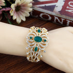 Gorgeous Golden Emerald Green Crystal Indian Ethnic Wedding Jewelry Women Wide Cuff Bracelet Bangle