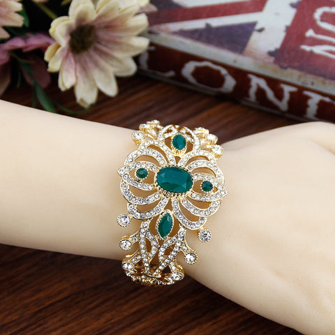 Gorgeous Golden Emerald Green Crystal Indian Ethnic Wedding Jewelry Women Wide Cuff Bracelet Bangle