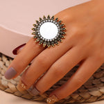 Traditional Oxidized Golden Sun Mirror Adjustable Finger Ring Women Statement Jewelry