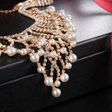 Designer Golden Crystal & Pearl Tassel Wedding Jewelry Imitation Diamond Necklace
