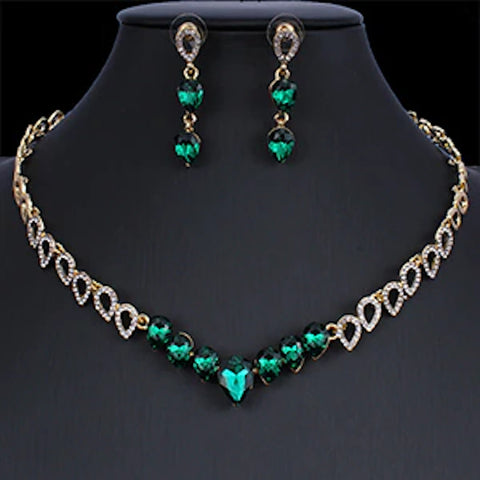 Luxury Golden Green High Quality Crystal Necklace & Earrings Wedding Bridal Fashion Jewelry Set